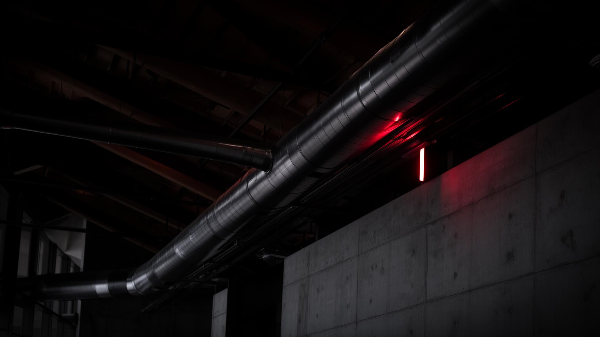 Warm light pours across exposed mechanical ductwork in a modern building.